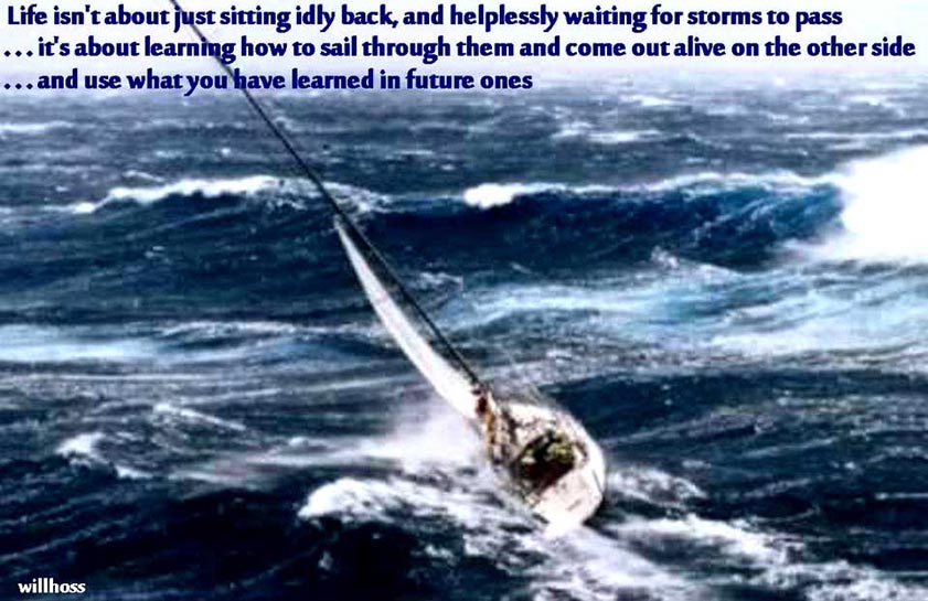 Livet handler ikke om bare at sidde passivt tilbage, og hjælpeløst vente til stormene passerer... Det handler om at lære at sejle igennem dem og komme ud levende på den anden side... Og bruge hvad du har lært i fremtidige uvejr.