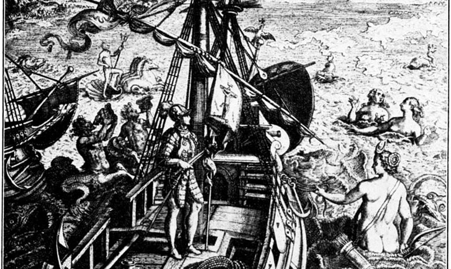 Columbus og samtidens forestillinger om, hvad der gemte sig ved horisontens kant, spændte fra skønne kvinder til havuhyrer. Foto: Wikipedia
