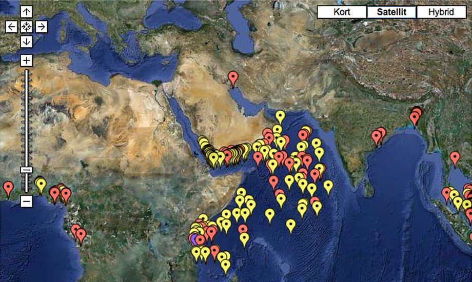 Kortet viser antallet af somaliske piraters angreb eller forsøg på samme ud for Afrikas østkyst. Billede. Google maps/icc-ccs.org