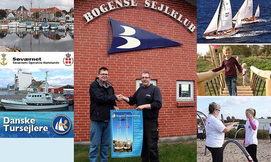 Michael Lindharth (tv) fra Nordfyn Marine og Jens Kyster Rasmussen, formand for Bogense sejlklub viser udstillingens plakat frem.