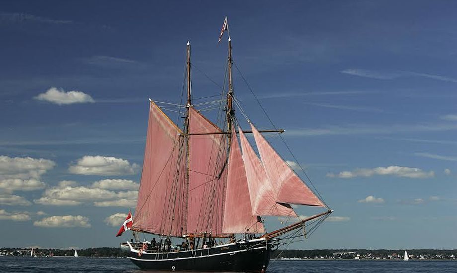 Skonnerten Halmø med den underste rig sat på Øresund. Foto: Grabowski