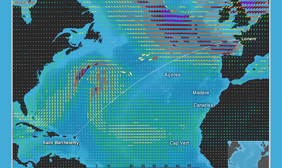 Det er et kraftigt lavtryk over Nordatlanten, der har fået arrangørerne til at lægge kursen om. Grafik: transatbtob-imoca.org