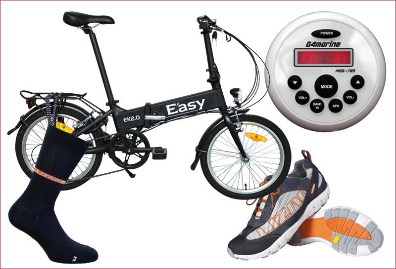 Vandtætte sokker, sejlersko med dræn i sålen, en el-cykel og fed lille MP 3 radio.