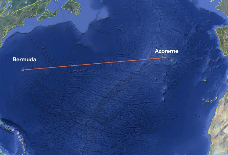Uheldet skete ca. 575 sømil øst for Bermuda. Foto: Google earth