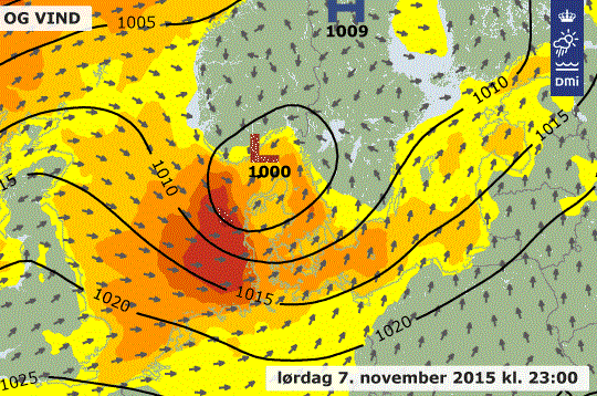 Lavtryk med vindstød af stormstyrke vil ramme landet i aften. Grafik: DMI.dk