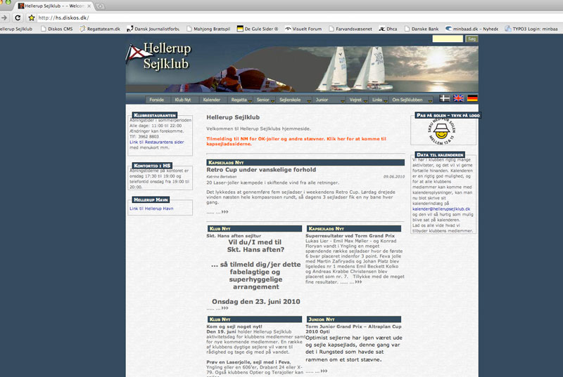 Hellerup Sejlklubs hjemmeside, skærmdump
