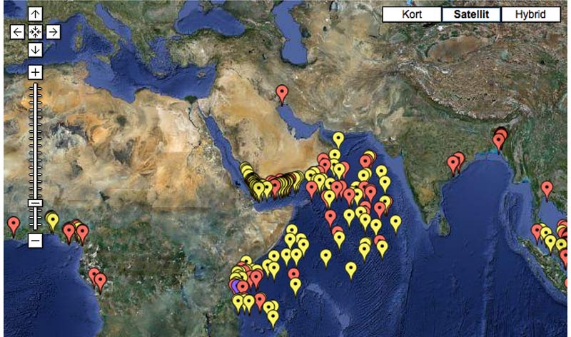 Kortet viser antallet af somaliske piraters angreb eller forsøg på samme ud for Afrikas østkyst. Billede. Google maps/icc-ccs.org