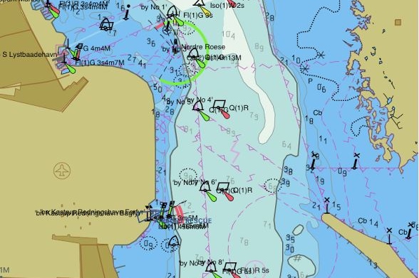 Kort fra Seapilot over samme område som Iq-kortet nederst i artiklen. Her står, modsat Iq-kortet, ikke noget om Drogden. Foto: Bøje Larsen