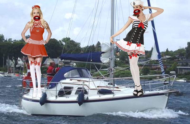 Der er åbenbart ingen grænser for fantasien, når kvinder skal klædes på. Bemærk plateauskoene. Perfekt til en tur på fordækket! Collage: Katrine Bertelsen