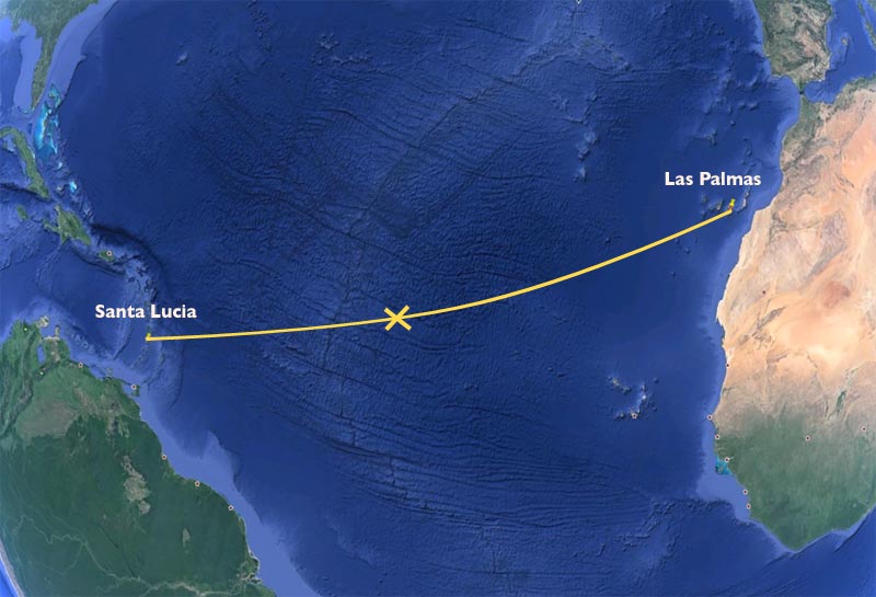 ”Marie Sofie” er nået over halvvejen. Der er nu 1275 sømil til St. Lucia.