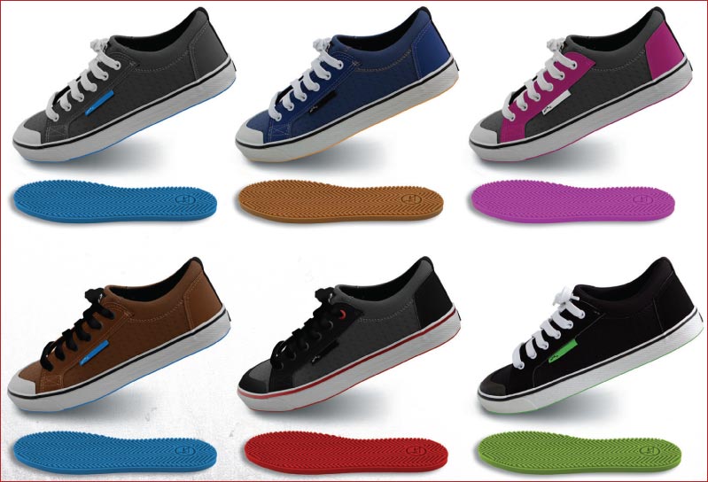 Skoene har såler i forskellige pangfarver. Foto: Zhik